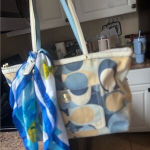 Coach Beige and Blue Signature Canvas Tote with Scarf.    The perfect size